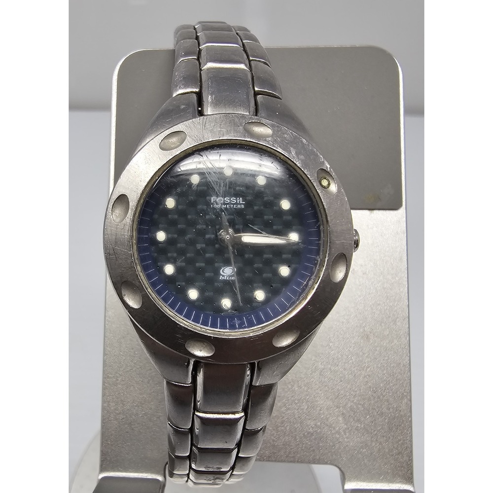Fossil Watch Women 30mm PR-5099 Silver Tone Blue Checkered Dial New Battery 7"‎